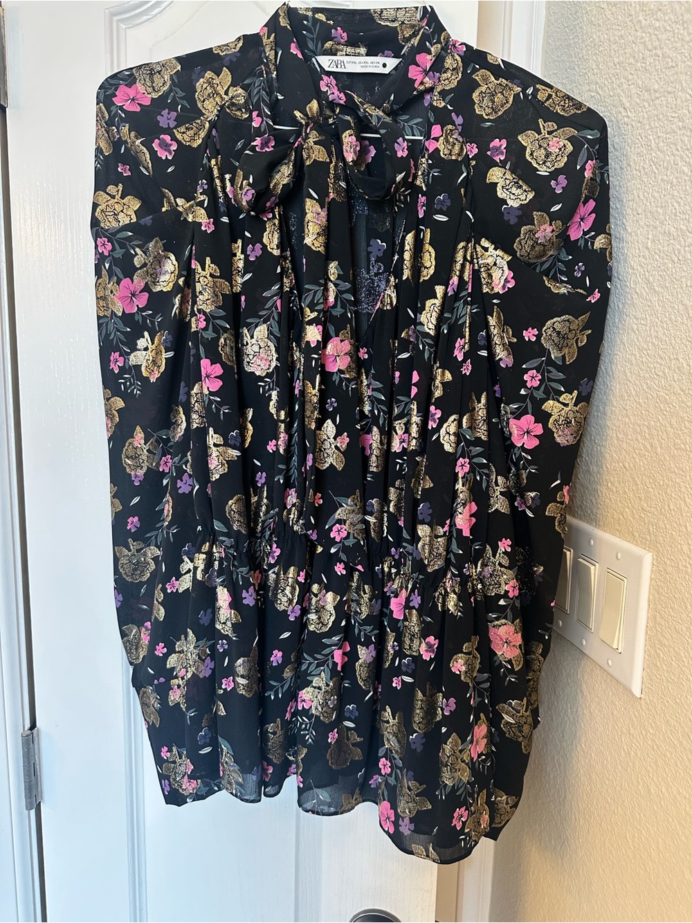 Zara Black Blouse Pink & Gold Floral Print